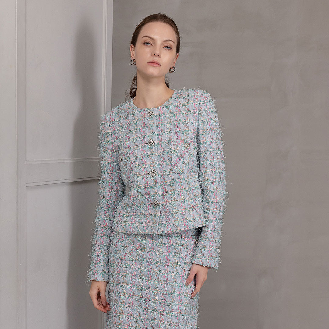 Classic Elegance ファンシー サマーツイード ノーカラー ジャケット