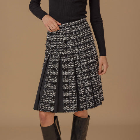Update Clothing モノトーン ファンシーツイード 異素材 ドッキング プリーツ スカート