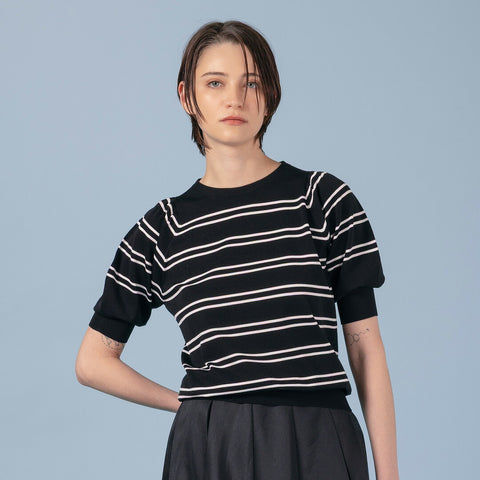 【手洗い可】PLATINE Soft luster パフスリーブ ボーダー ニット プルオーバー