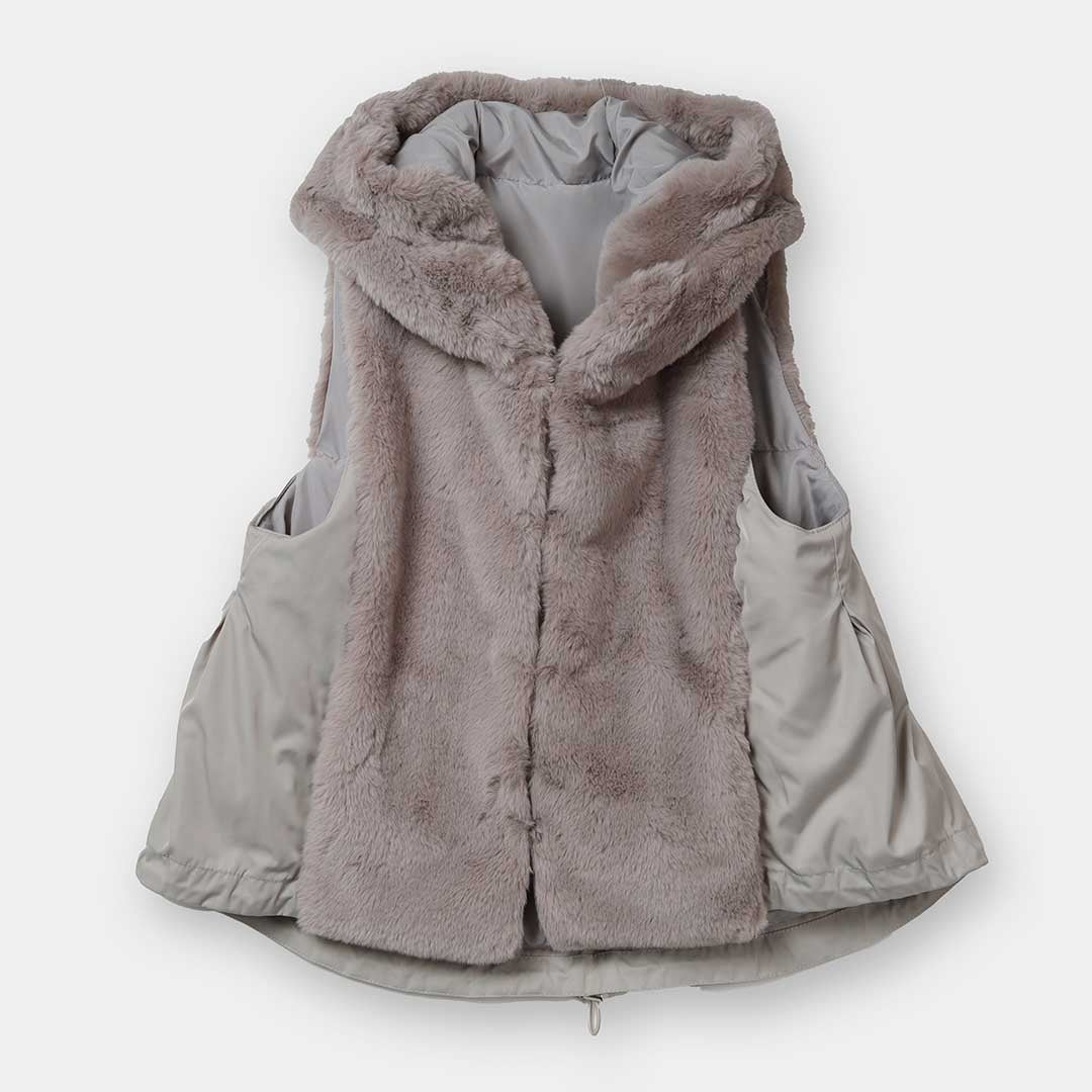 ☆フィラ☆フード付きファーベスト☆のん！ FILA フード付きフェイクファーベスト Fファーベスト|RETRO GIRL