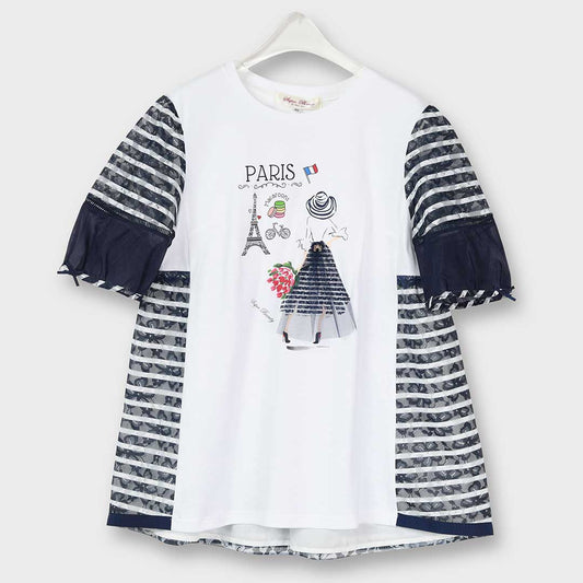 【手洗い可】ボーダー柄 レース 切替 Parisプリント ロング Tシャツ