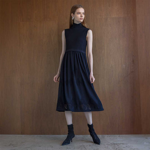 PLATINE Rib stretch リブ×ジャカード 切替え ニット ワンピース