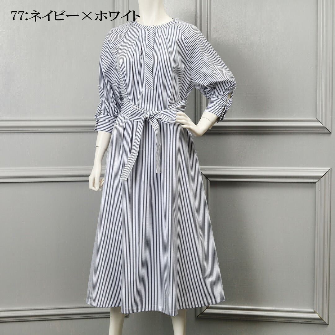 手洗い可】PLATINE コットン ストライプ リボンスリーブ ワンピース