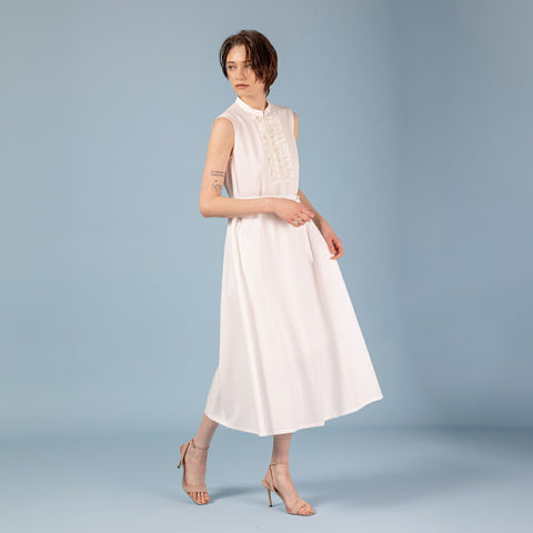 【手洗い可】PLATINE Linen like ox トーションレース 切替 麻調 ワンピース