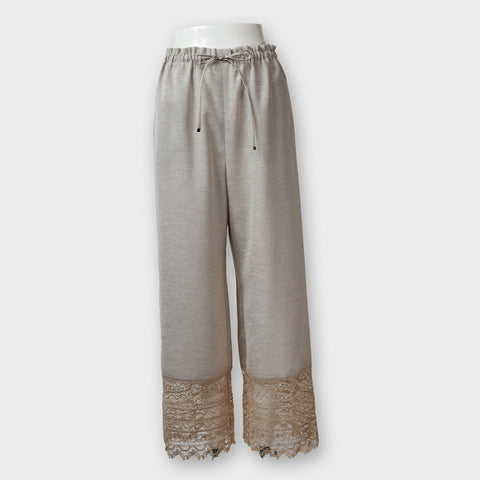 【手洗い可】PLATINE Linen like ox 裾レース ワイドパンツ