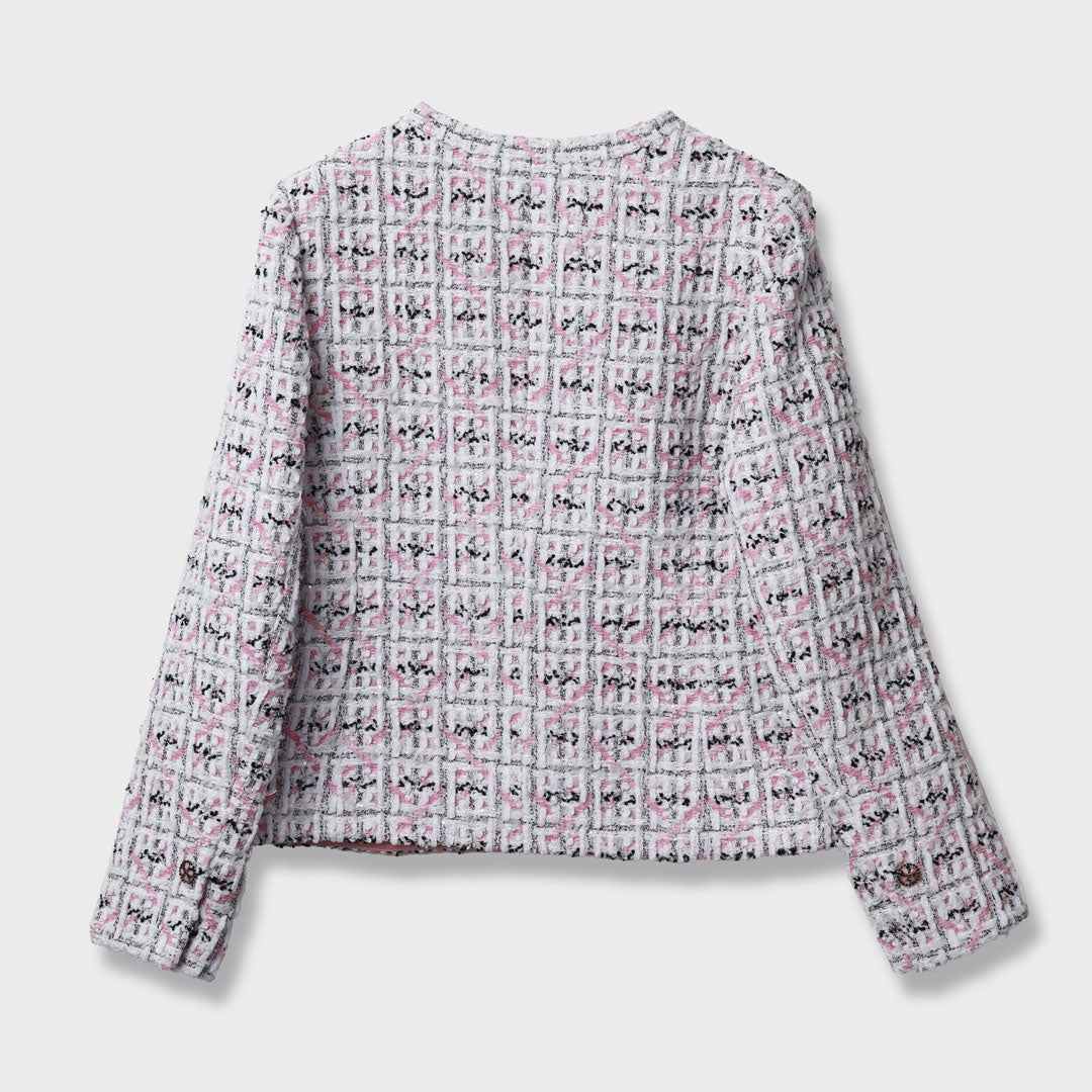 [極美品]マニエル　ピンクツイードノーカラーxキュロットセットアップ　総柄　切替 ミックスツイード ノーカラージャケット – 銀座マギー公式通販サイト