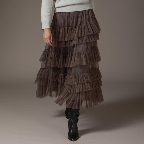 【手洗い可】PLATINE シャイニー チュール ティアード スカート