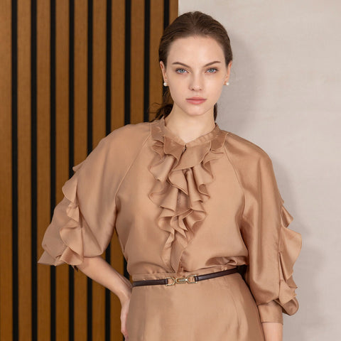 【手洗い可】PLATINE シルキー ブライト ラッフル フリル ブラウス