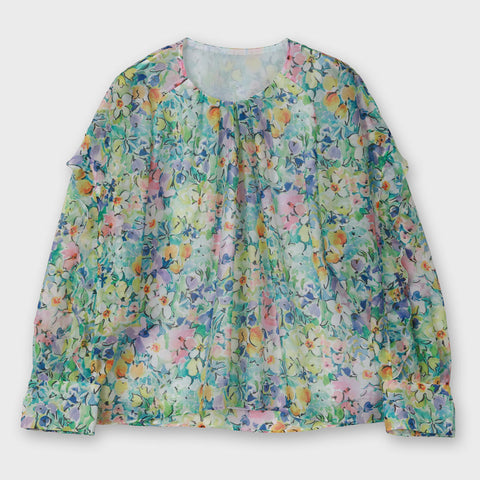 【手洗い可】PLATINE Flower garden プリント クルーネック ブラウス
