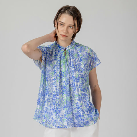 【手洗い可】PLATINE Dot flower プリント リボン付ブラウス