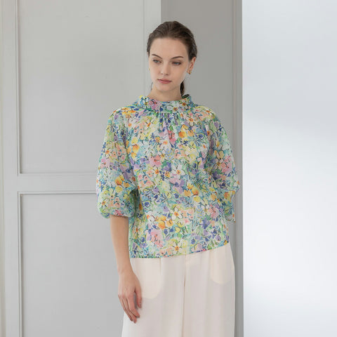 【手洗い可】PLATINE Flower garden プリント 2WAY ブラウス