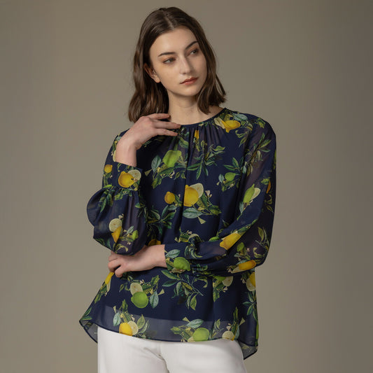 LEMON&LIME&Olive Print 長袖ブラウス ノーカラー