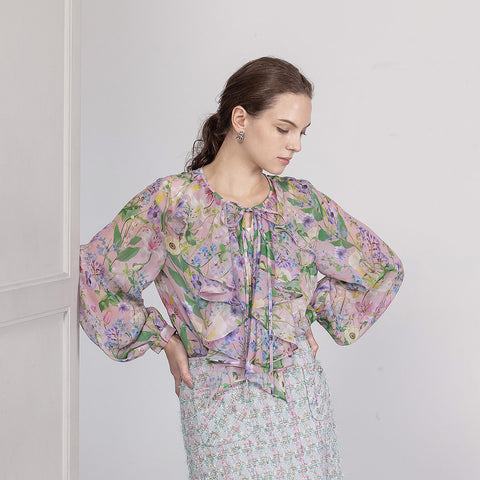 Fresh Color Options フラワープリント ラッフル ブラウス