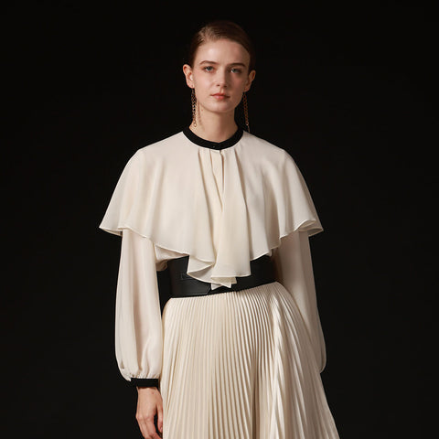 【手洗い可】ビンテージライクサテン フリルブラウス