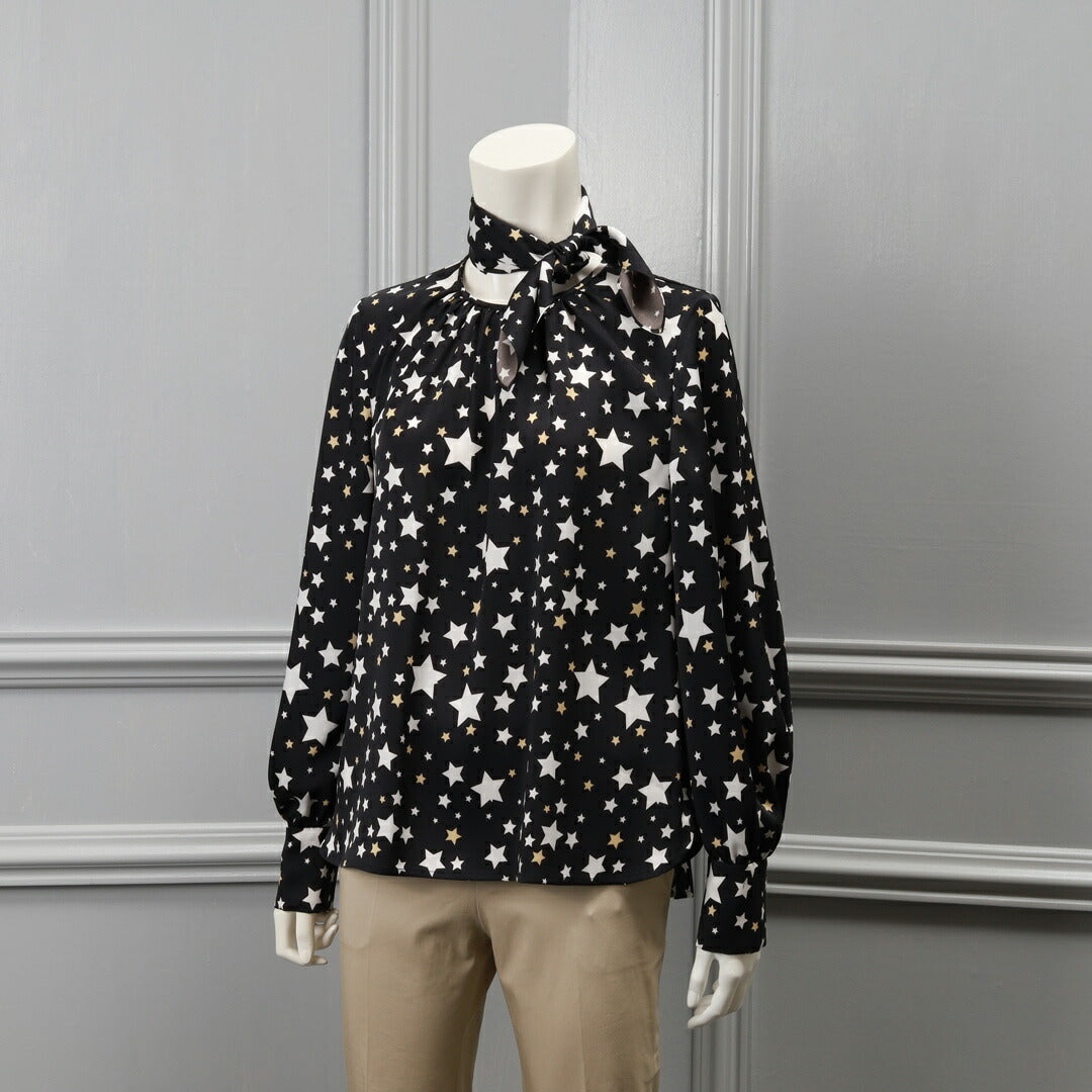 手洗い可】Styling Variation 星プリント ノーカラー 長袖 ブラウス