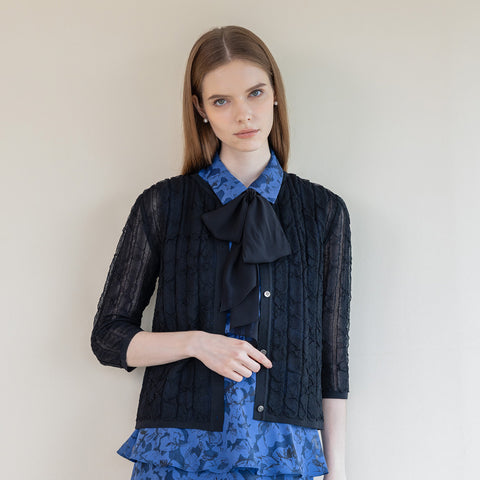 【手洗い可】PLATINE Sheer crepe 7分袖 ニット カーディガン