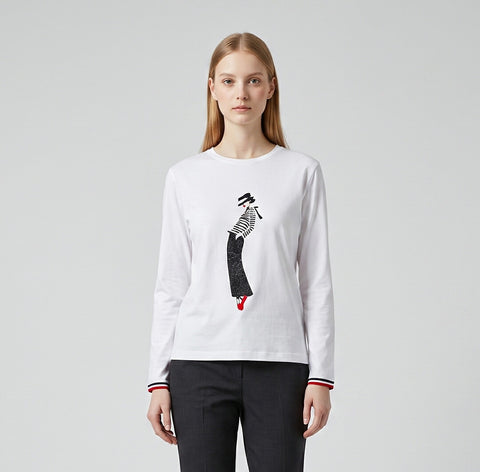 【手洗い可】モード レディ グリッターモチーフ ロングスリーブTシャツ
