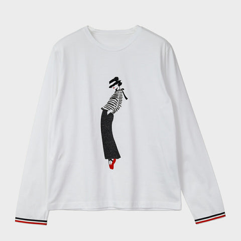 【手洗い可】モード レディ グリッターモチーフ ロングスリーブTシャツ