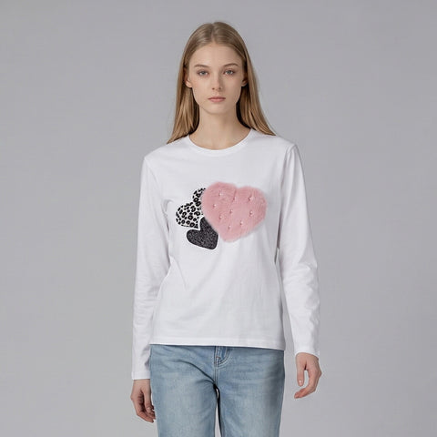 【手洗い可】トリプルハート ファーモチーフ ロングスリーブTシャツ