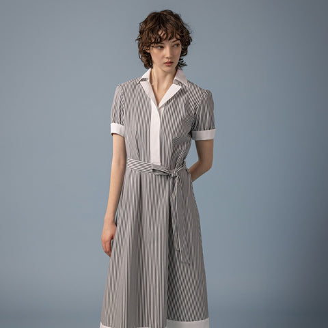 【手洗い可】ウエストマーク バイカラー ストライプ シャツワンピース