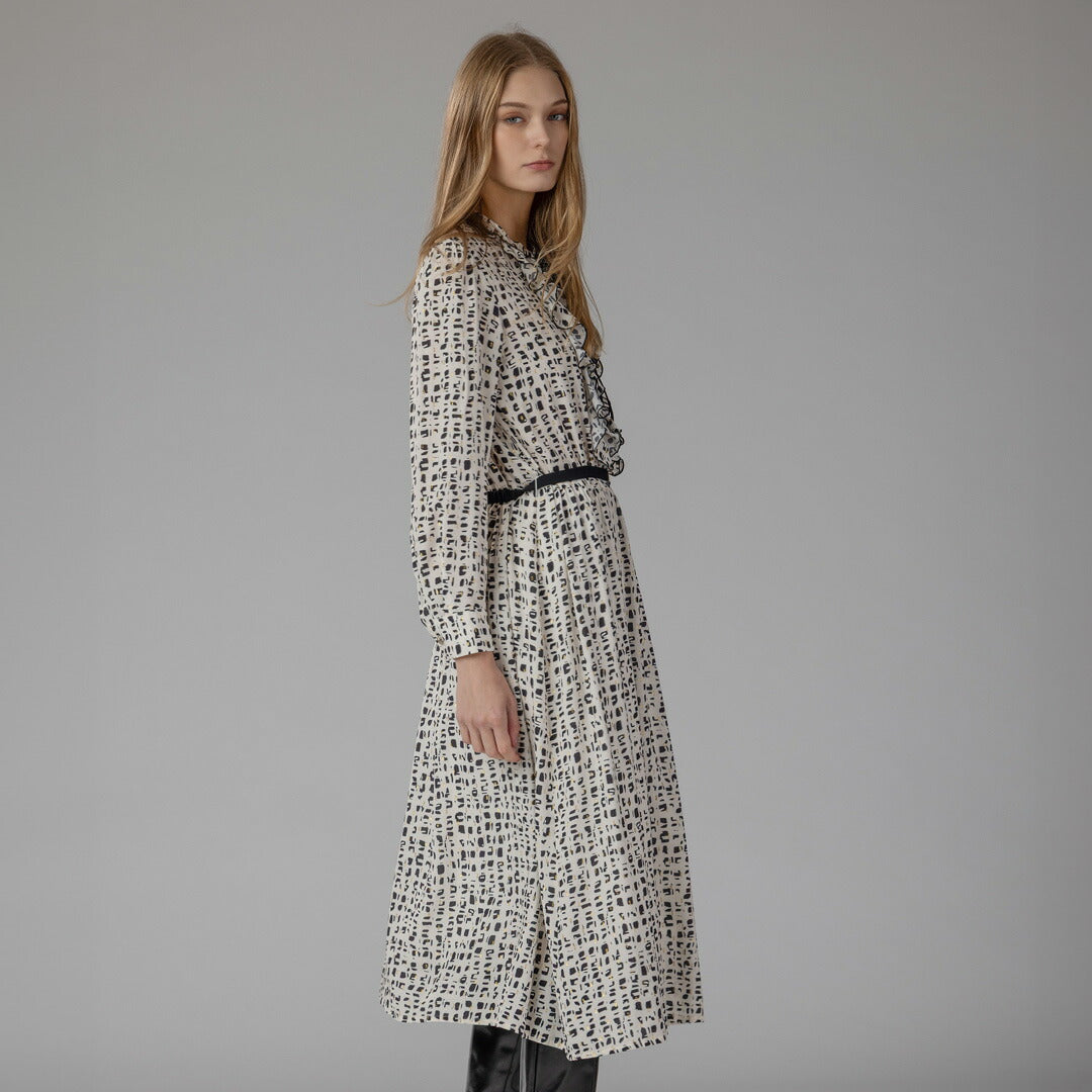 手洗い可】ジオメトリック 2WAY ベルト付き フリル ネック ワンピース