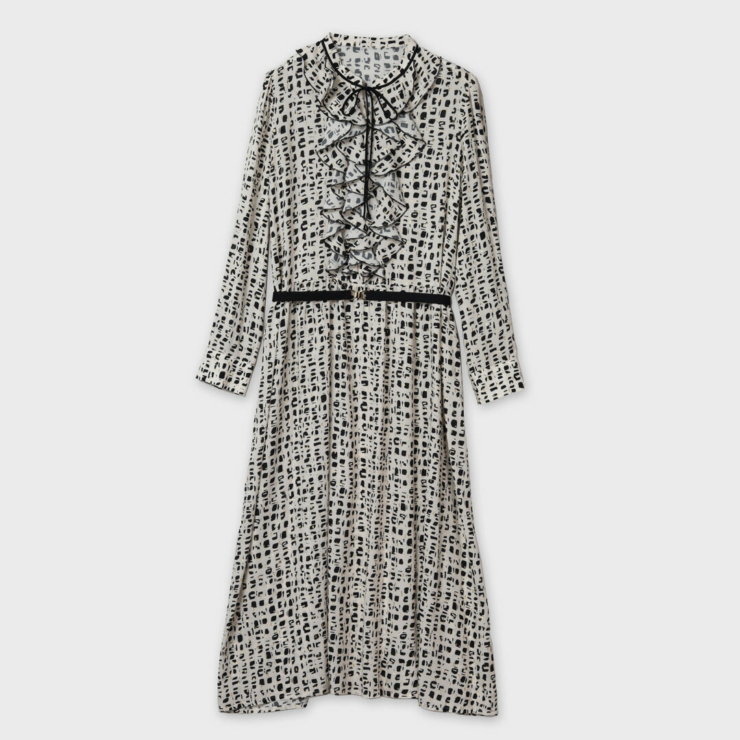 手洗い可】ジオメトリック 2WAY ベルト付き フリル ネック ワンピース