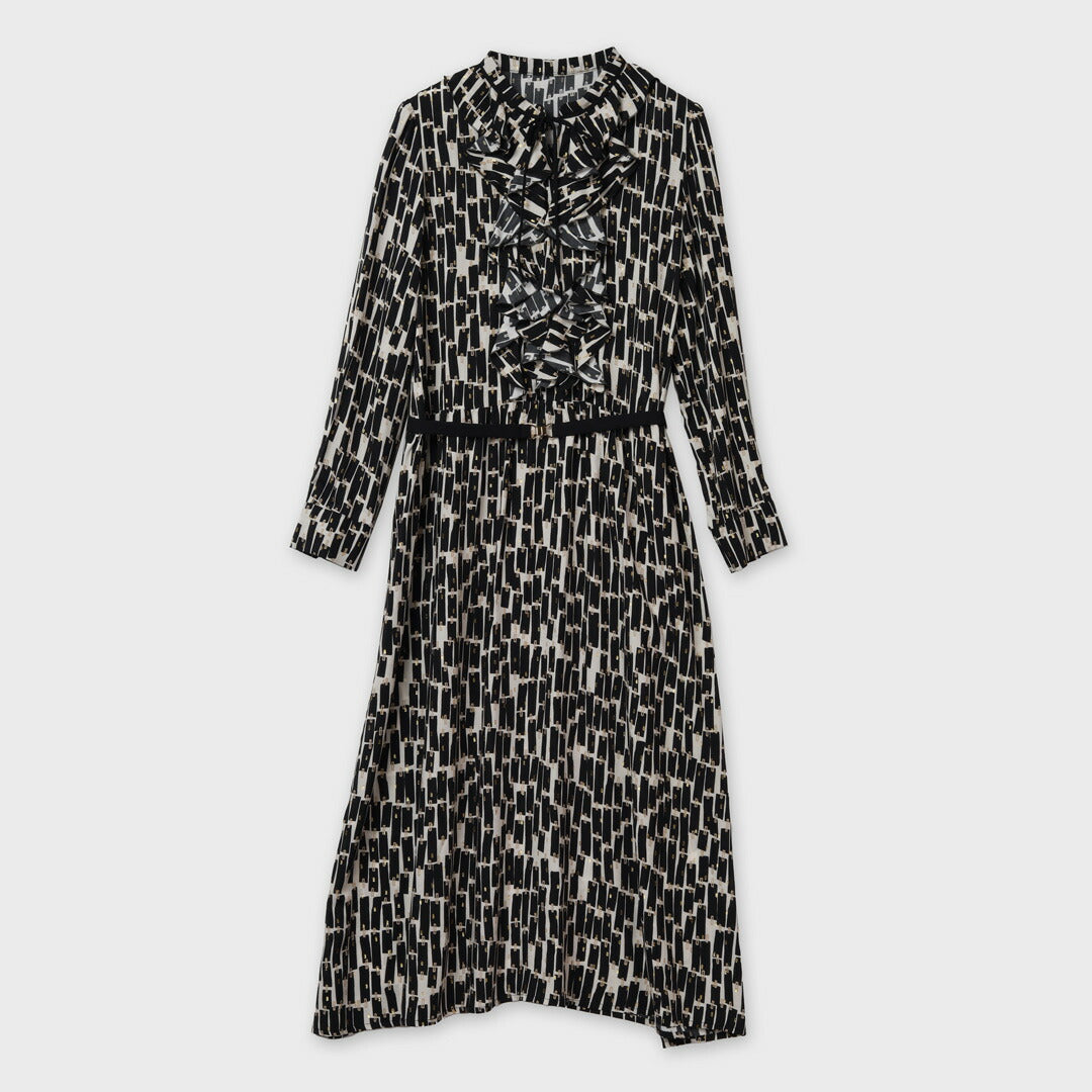 手洗い可】ジオメトリック 2WAY ベルト付き フリル ネック ワンピース