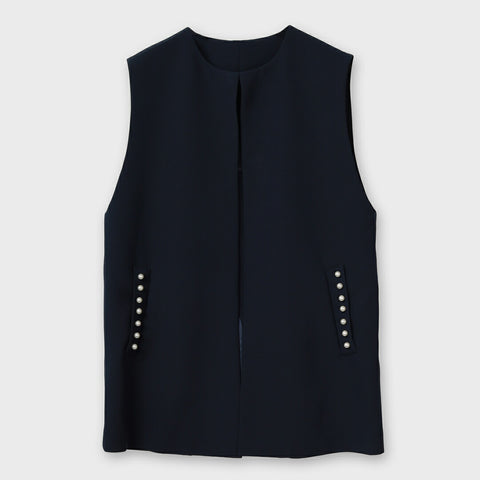 【手洗い可】パール装飾 ポケット ノーカラー ロング ジレ
