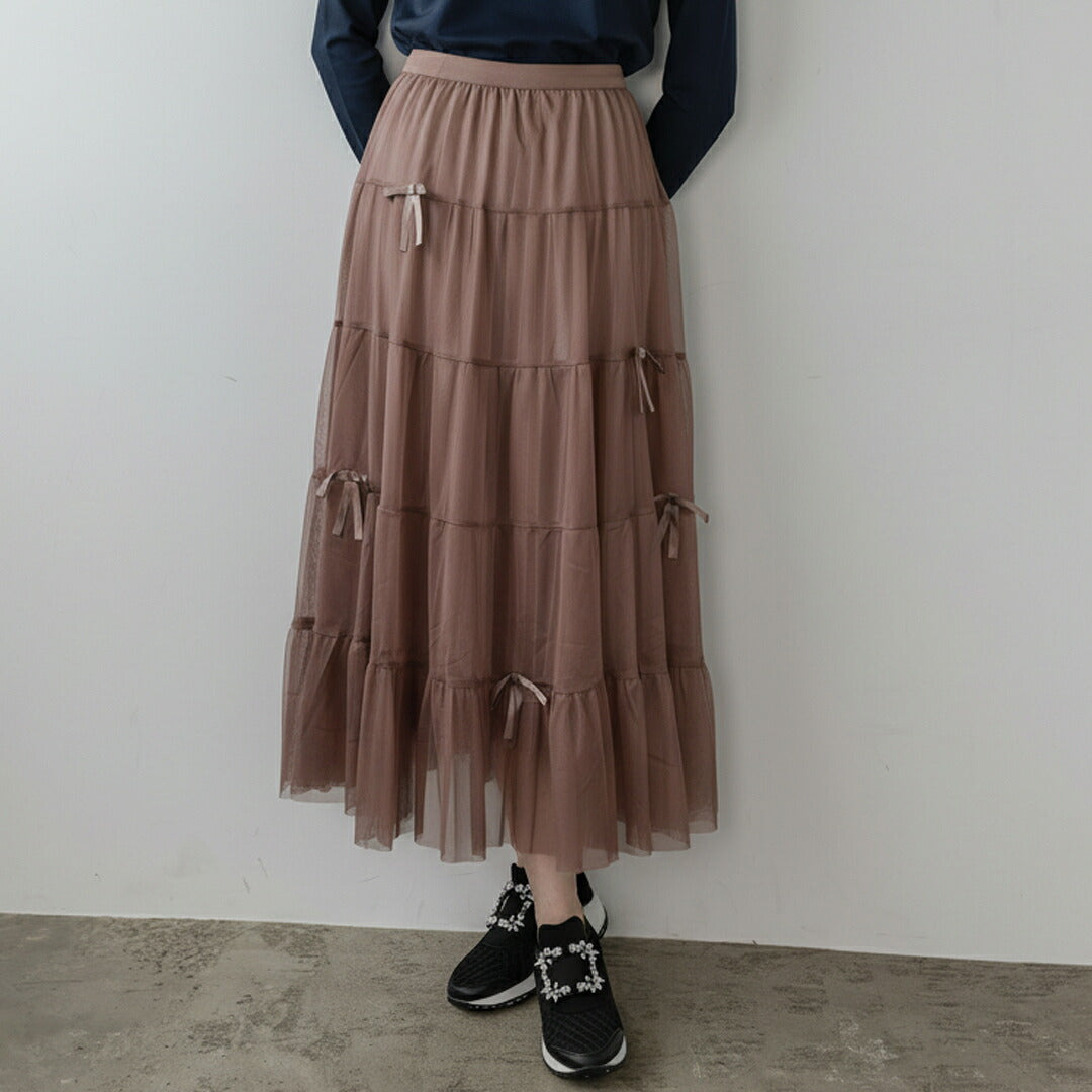 リボン付き チュール ティアード ロングスカート