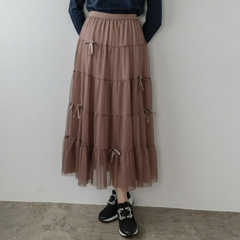 リボン付き チュール ティアード ロングスカート