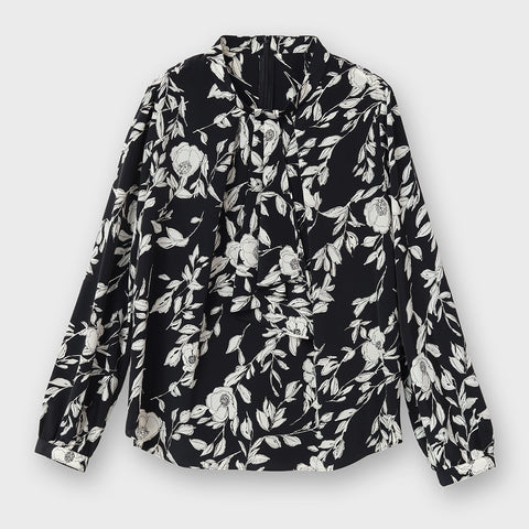 【手洗い可】ボタニカル柄 ボウタイ ブラウス