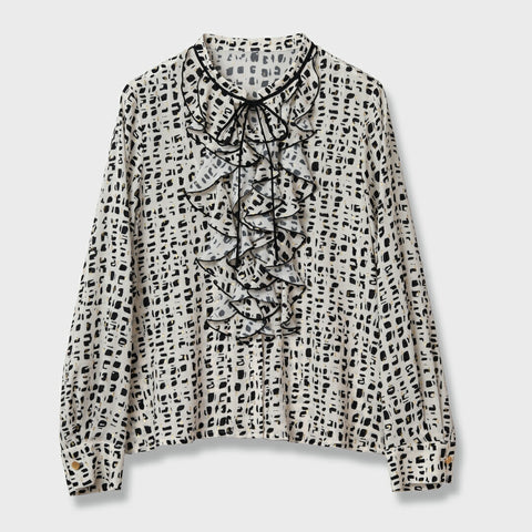 【手洗い可】ランダム ドット柄 フリル ブラウス