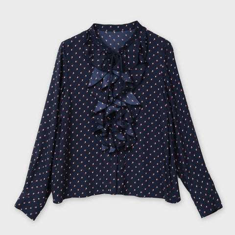 【手洗い可】 ドット フリル リボン ブラウス