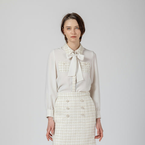 ファンシーツイード切替え リボンタイ ブラウス