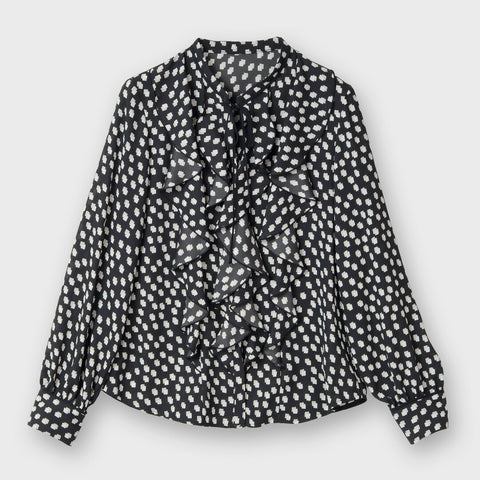 【手洗い可】ダブル スクエア プリント リボン タイ ブラウス