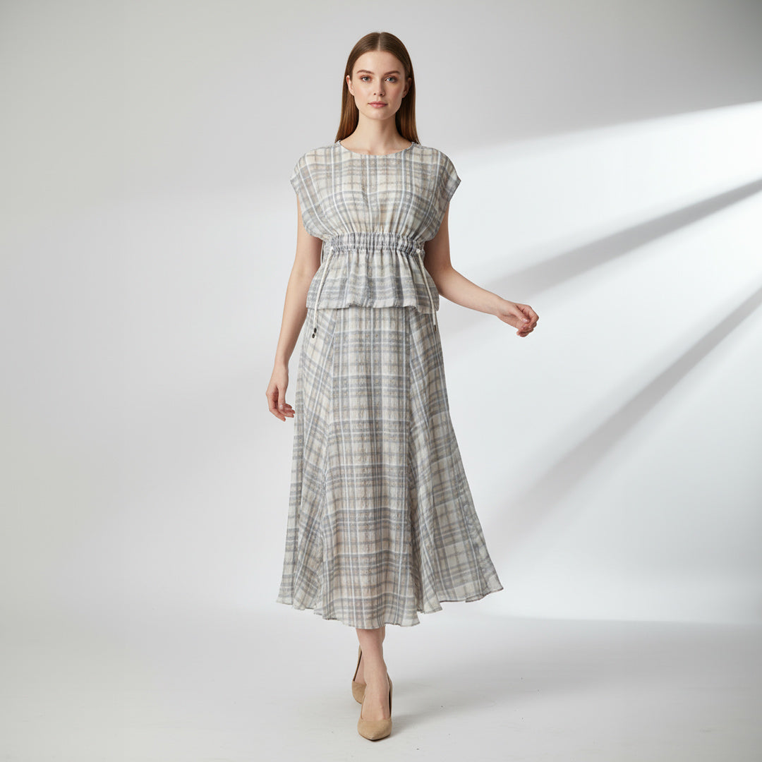 手洗い可】シアーチェック ウエストゴム フレアマキシスカート – 銀座