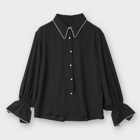 【手洗い可】パール ボタン 袖フリル ブラウス