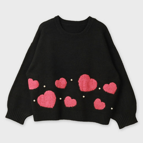 【手洗い可】パール付き ハートモチーフ ニットプルオーバー