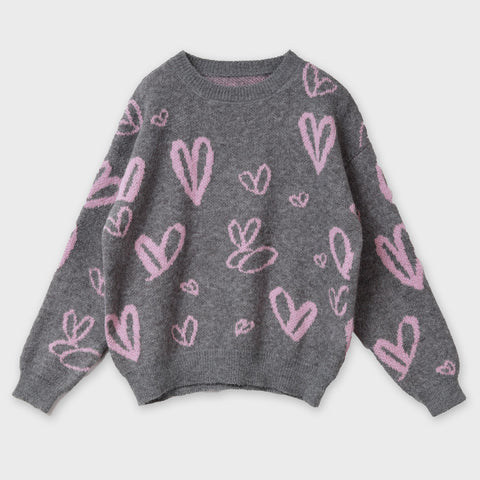 手書き風 ハート柄 ニットプルオーバー