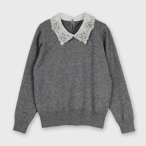 襟レース ビジュー付き ニット プルオーバー