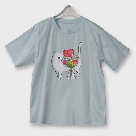 【手洗い可】猫フラワープリント 接触冷感 Tシャツ