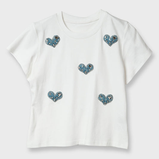 【手洗い可】ビジュー ハート デコレーション Tシャツ