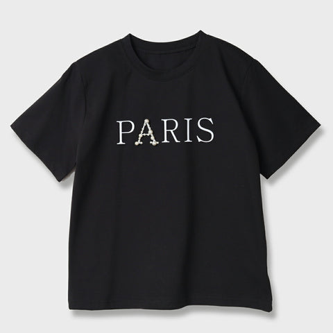 【手洗い可】PARIS ロゴ ビジュー Tシャツ