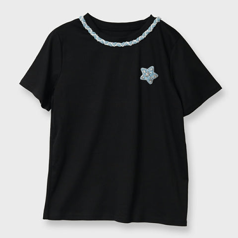 【手洗い可】デニム スター デコレーション Tシャツ