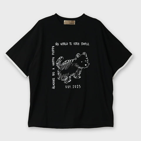 【手洗い可】袖口レース 手書き風 ドッグプリント オーバーサイズ Tシャツ