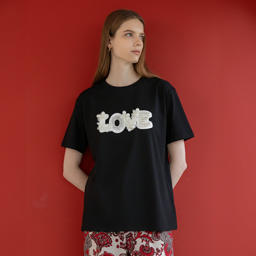 【手洗い可】フラワー ＆ パールロゴ クルーネック 半袖 Tシャツ