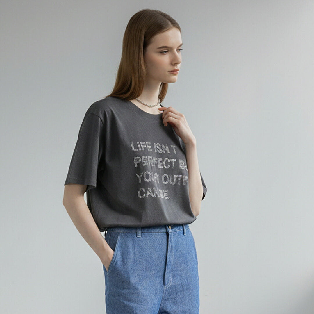 【手洗い可】ビジュー ロゴ プリント 半袖 Tシャツ
