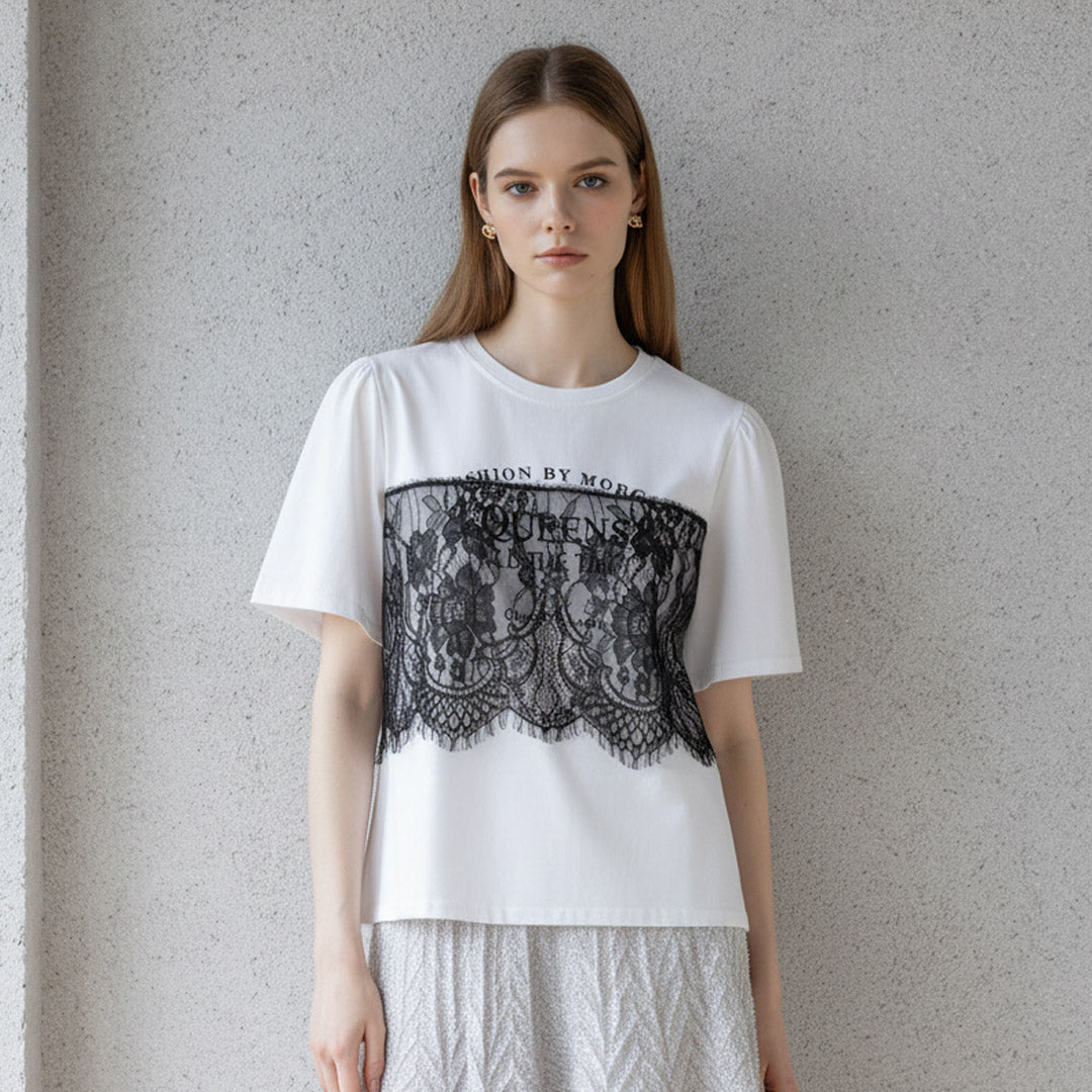 【手洗い可】レース レイヤード ロゴプリント 半袖 Tシャツ