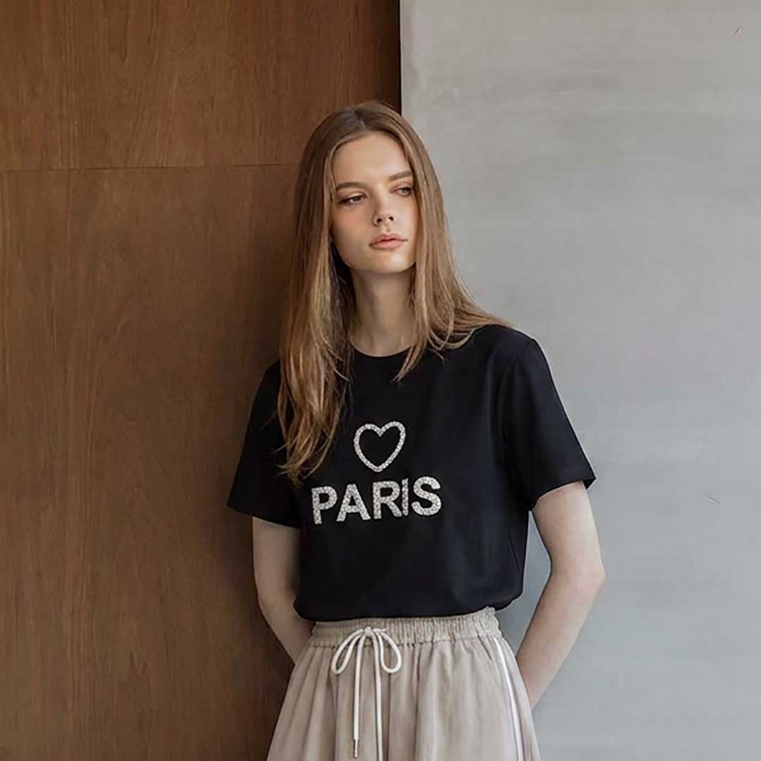【手洗い可】パール装飾 ハート＆PARIS ロゴ 半袖 Tシャツ