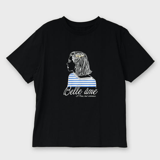 【手洗い可】 ビジューアクセント ガールイラスト ロゴ プリント Tシャツ